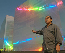 Artist Hiro Yamagata creates large-scale holographic works in the sky with lasers. Photo credit: Flickr.com 